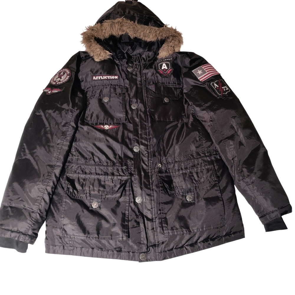 Affliction Men Black Down Fill (?) Jacket Faux Fur Hood Patches L - Imperfect